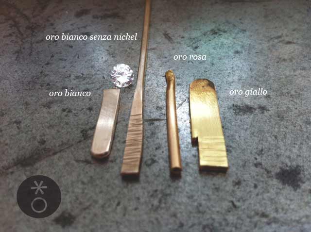 Queste sono le 4 colorazioni di oro 18 kt che si possono combinare insieme per la creazione di fedi nuziali bicolore artigianali.