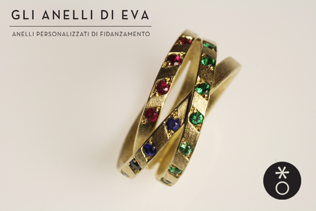 Anello nodo personalizzato per Antonella, con pietre preziose colorate.